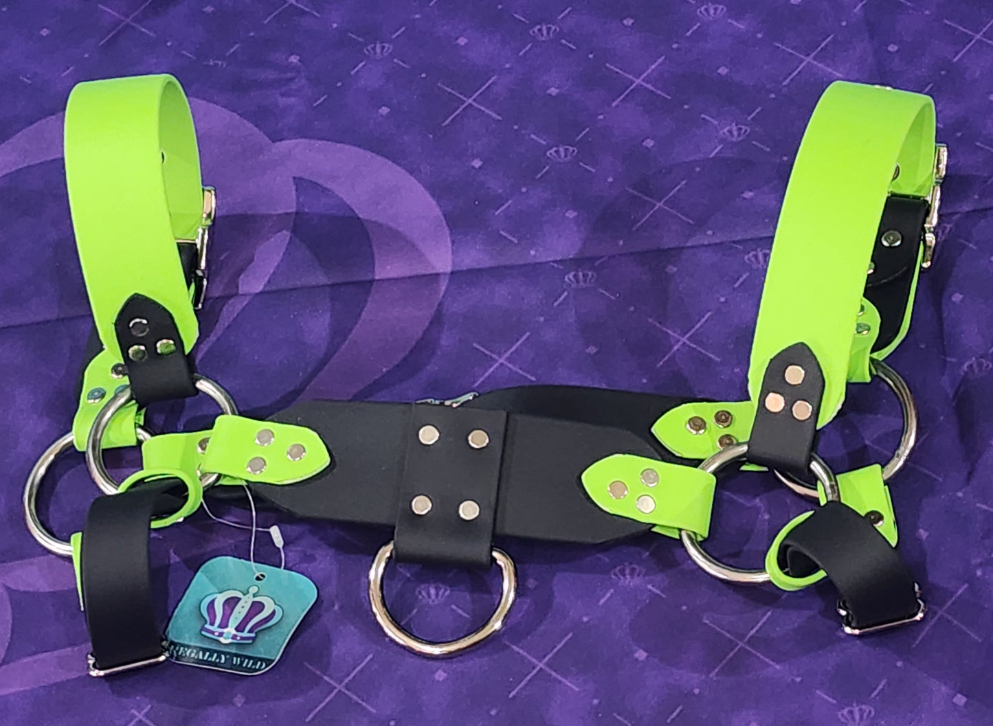 Premade Biothane H-Harness Size 1.5 Black and Neon Green
