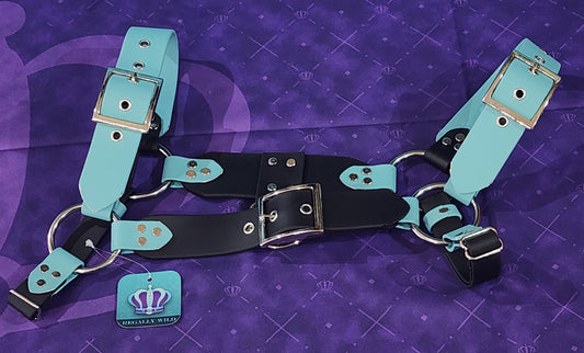 Premade Biothane H-Harness Size 1.5 Black and Dusty Turquoise