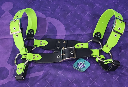 Premade Biothane H-Harness Size 1.5 Black and Neon Green
